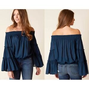 Free People Navy Blue Dot Off Shoulder Tiered Bell Sleeve Crop Top XS Boho Fairy